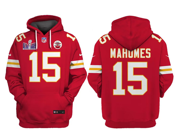 Men's Kansas City Chiefs #15 Patrick Mahomes Red Super Bowl LVIII Patch Pullover Hoodie Men's Kansas City Chiefs #15 Patrick Mahomes Red Super Bowl LVIII Patch Pullover Hoodie